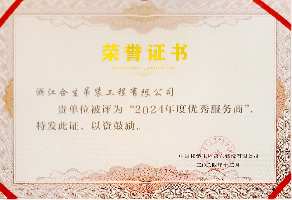 喜报！合生荣获中国化学工程第六建设有限公司2024年度“优秀服务商”称号！